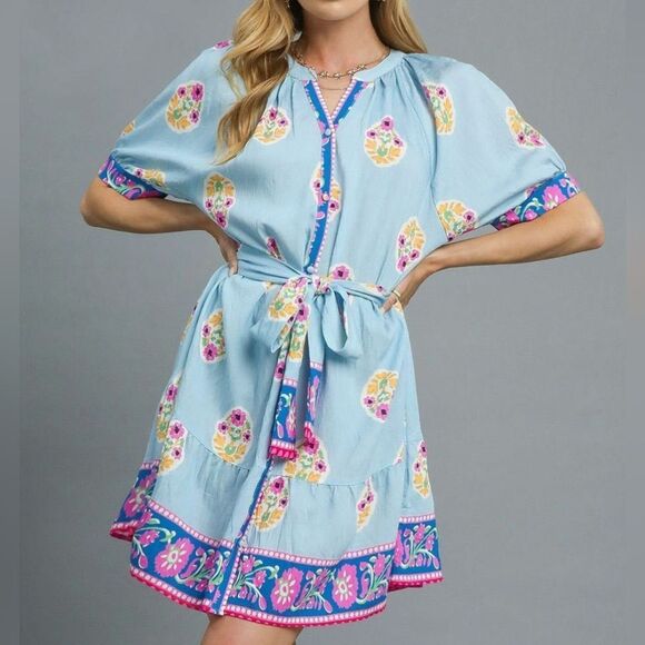 Umgee Floral Print Tie Waist Short Sleeve Dress Blue Dress sz Medium - Picture 2 of 7